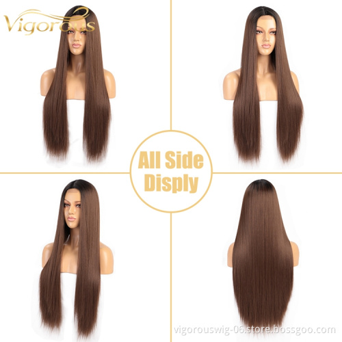 OEM & ODM Acceptable Japan Futura Wig Lace Front Brown Women Dark Root Blend High Quality Synthetic Long Straight Wigs